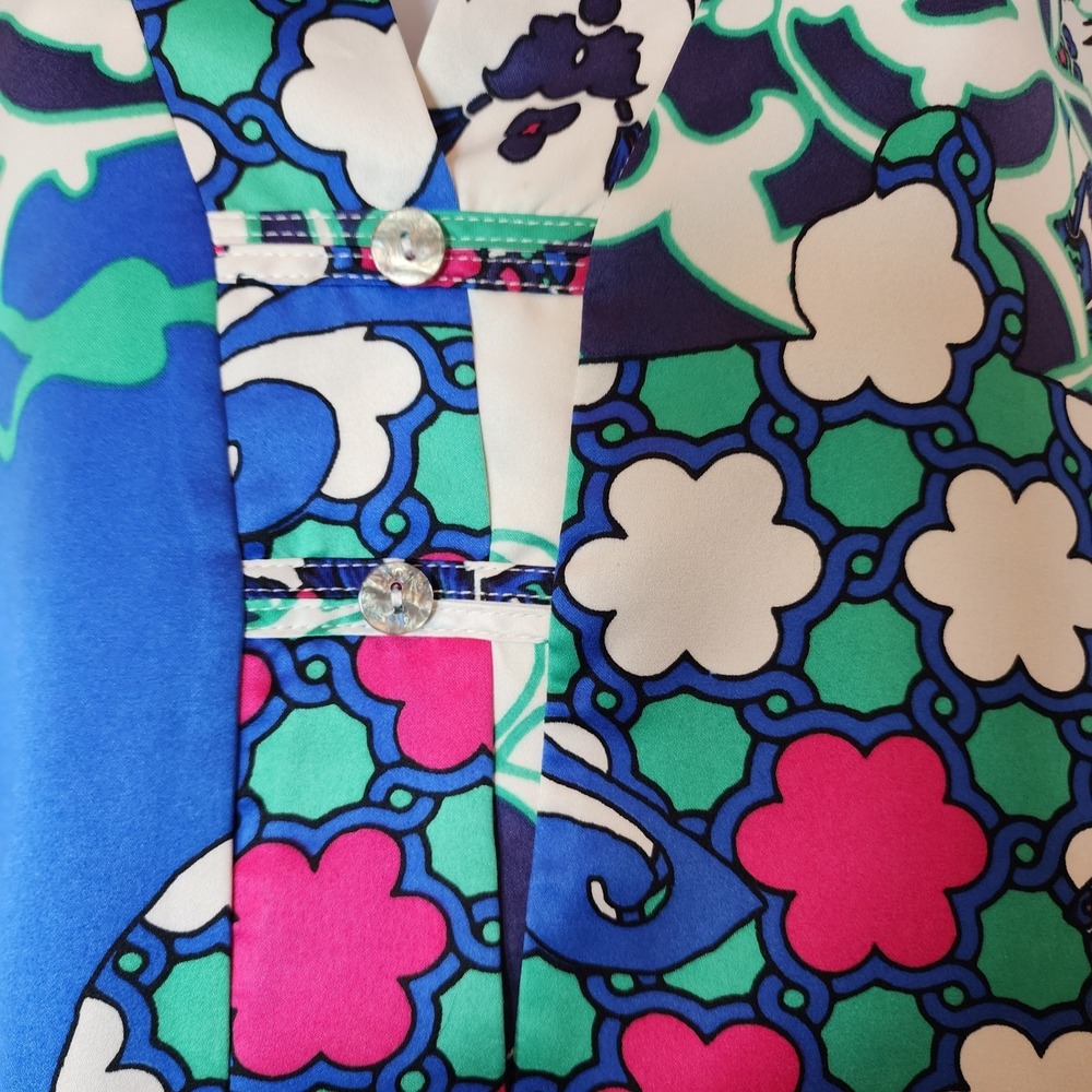 Natori Satin Pajama Set L Blue Pink Morrocan Tile Kimono Top Lounge Pants Resort - Picture 7 of 16